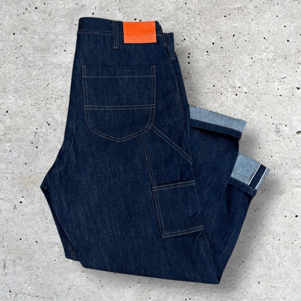 PLAC x O.A.M Wide Raw Denim Carpenter Jeans Mens Size 34 Dark Wash